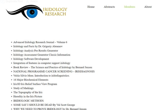 List of articles including the Advanced Iridology Research Journal, a book review of The Science and Practice of Iridology, and papers by Jensen and Abramov.